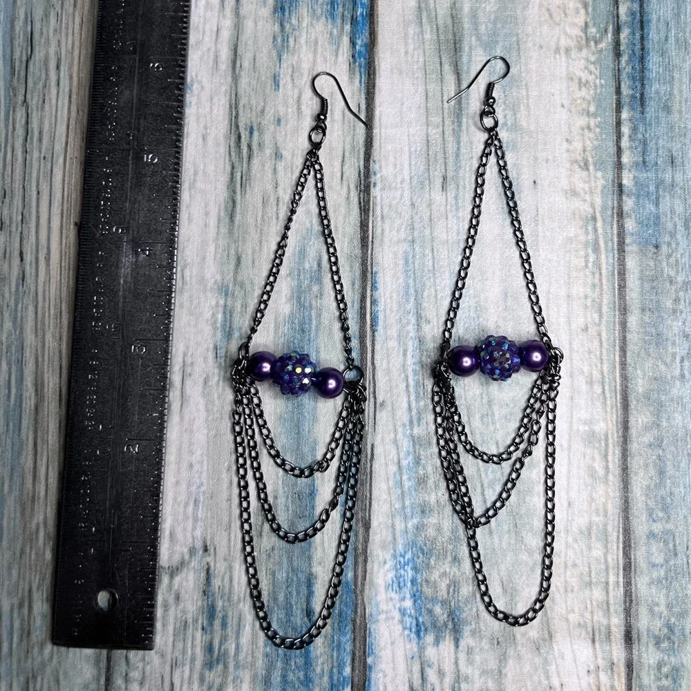 Purple bead and gunmetal chain long dangle earrings